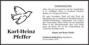 Traueranzeige von Karl-Heinz Pfeffer von Südthüringer Presse