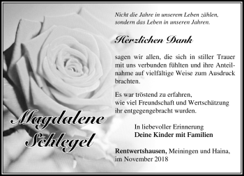 Traueranzeige von Madalene Schlegel von Südthüringer Presse