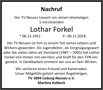 Traueranzeige von Lothar Forkel von Neue Presse Coburg