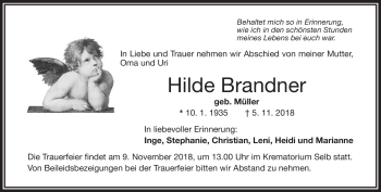 Traueranzeige von Hilde Brandner von Frankenpost