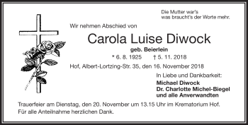 Traueranzeige von Carola Luise Diwock von Frankenpost