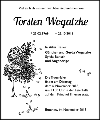 Traueranzeige von Torsten Wogatzke von Südthüringer Presse
