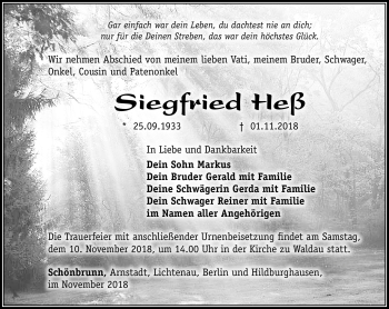 Traueranzeige von Siegfried Heß von Südthüringer Presse