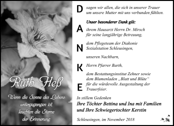 Traueranzeige von Ruth Heß von Südthüringer Presse