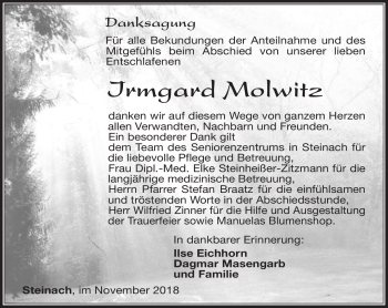 Traueranzeige von Irmgard Molwitz von Südthüringer Presse
