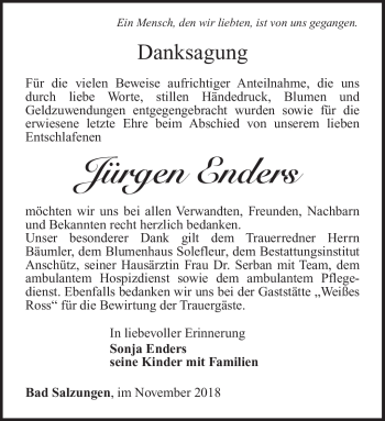 Traueranzeige von Jürgen Enders von Südthüringer Presse