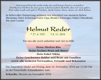 Traueranzeige von Helmut Reder von Südthüringer Presse