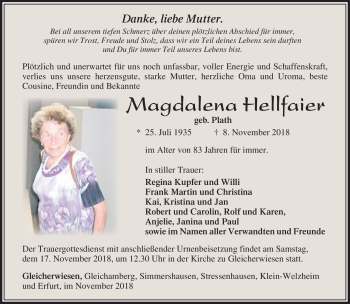 Traueranzeige von Magdalena Hellfaier von Südthüringer Presse