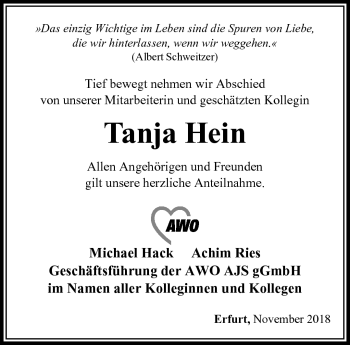 Traueranzeige von Tanja Hein von Südthüringer Presse