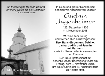 Traueranzeige von Gudrun Jugenheimer von Neue Presse Coburg