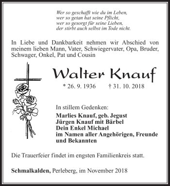 Traueranzeige von Walter Knauf von Südthüringer Presse
