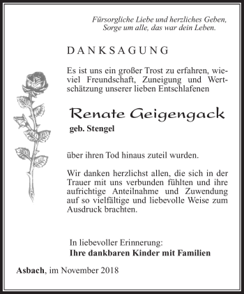 Traueranzeige von Renate Geigengack von Südthüringer Presse