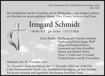 Traueranzeige von Irmgard Schmidt von Neue Presse Coburg