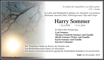 Traueranzeige von Harry Sommer von Südthüringer Presse