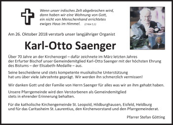 Traueranzeige von Karl-Otto Saenger von Südthüringer Presse