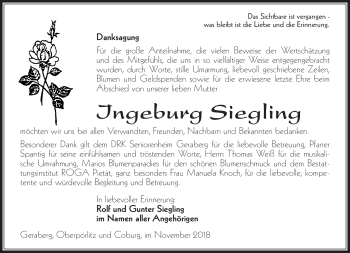 Traueranzeige von Ingeburg Siegling von Südthüringer Presse