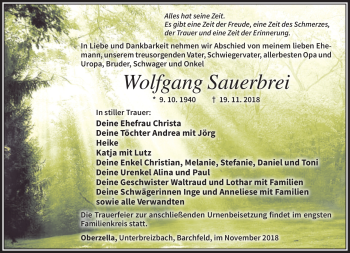 Traueranzeige von Wolfgang Sauerbrei von Südthüringer Presse