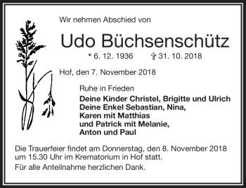 Traueranzeige von Udo Büchsenschütz von Frankenpost