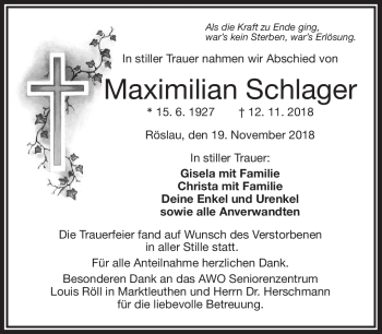 Traueranzeige von Maximilian Schlager von Frankenpost