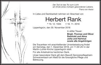 Traueranzeige von Herbert Rank von Frankenpost