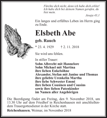 Traueranzeige von Elsbeth Abe von Südthüringer Presse