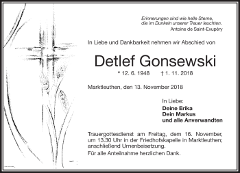 Traueranzeige von Detlef Gonsewski von Frankenpost