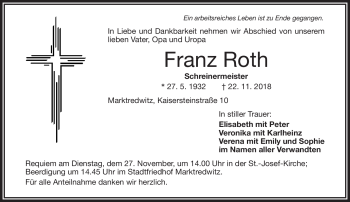 Traueranzeige von Franz Roth von Frankenpost