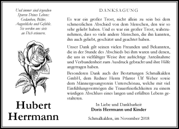 Traueranzeige von Hubert Herrmann von Südthüringer Presse