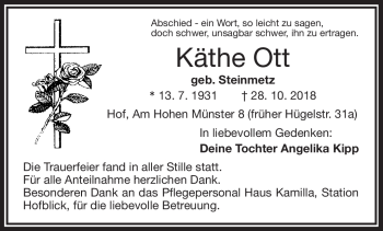 Traueranzeige von Käthe Ott von Frankenpost