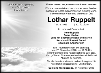 Traueranzeige von Lothar Ruppelt von Südthüringer Presse