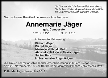 Traueranzeige von Annemarie Jäger von Südthüringer Presse