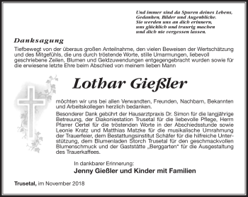 Traueranzeige von Lothar Gießler von Südthüringer Presse