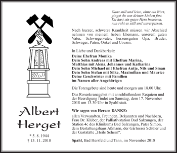 Traueranzeige von Albert Herget von Südthüringer Presse