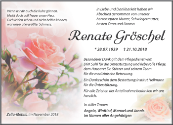 Traueranzeige von Renate Gröschel von Südthüringer Presse