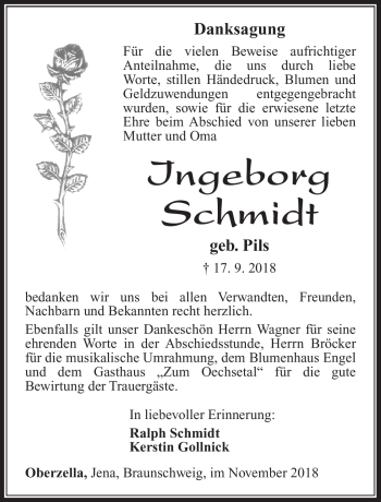 Traueranzeige von Ingeborg Schmidt von Südthüringer Presse