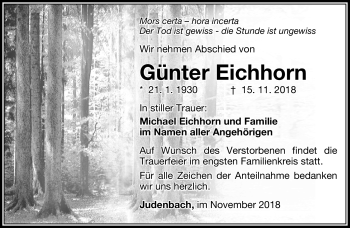 Traueranzeige von Günter Eichhorn von Südthüringer Presse