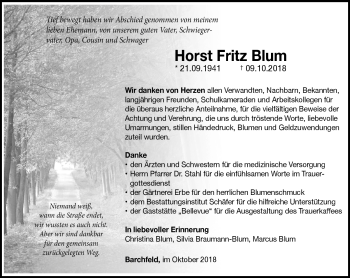 Traueranzeige von Horst Fritz Blum von Südthüringer Presse