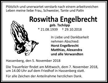 Traueranzeige von Roswitha Engelbrecht von Neue Presse Coburg