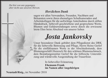Traueranzeige von Josta Jankovsky von Südthüringer Presse