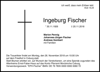 Traueranzeige von Ingeburg Fischer von Neue Presse Coburg