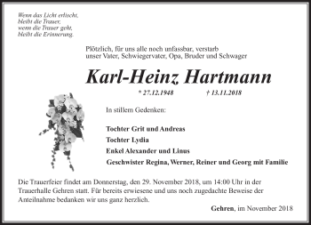 Traueranzeige von Karl-Heinz Hartmann von Südthüringer Presse