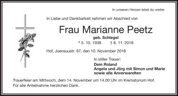 Traueranzeige von Marianne Peetz von Frankenpost