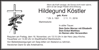 Traueranzeige von Hildegund Köstler von Frankenpost
