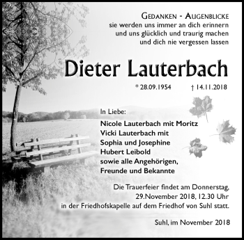 Traueranzeige von Dieter Lauterbach von Südthüringer Presse