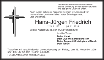 Traueranzeige von Hans-Jürgen Friedrich von Frankenpost