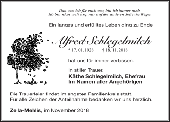 Traueranzeige von Alfred Schlegelmilch von Südthüringer Presse