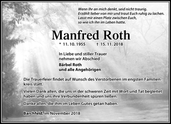 Traueranzeige von Manfred Roth von Südthüringer Presse
