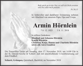 Traueranzeige von Armin Hörnlein von Südthüringer Presse