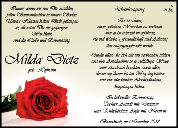 Traueranzeige von Milda Dietz von Südthüringer Presse