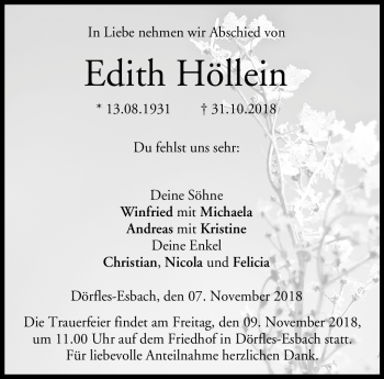 Traueranzeige von Edith Höllein von Neue Presse Coburg